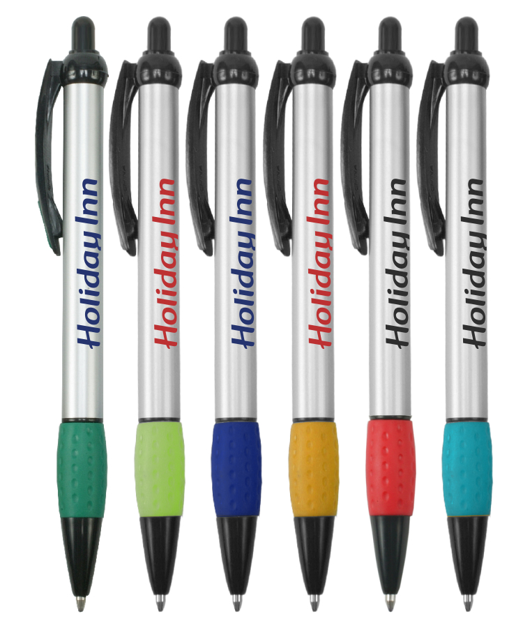 Promotional - Jolly Jotter - Silver Barrels Ballpoint Pens with Colored Trim and Rubber Grip 6