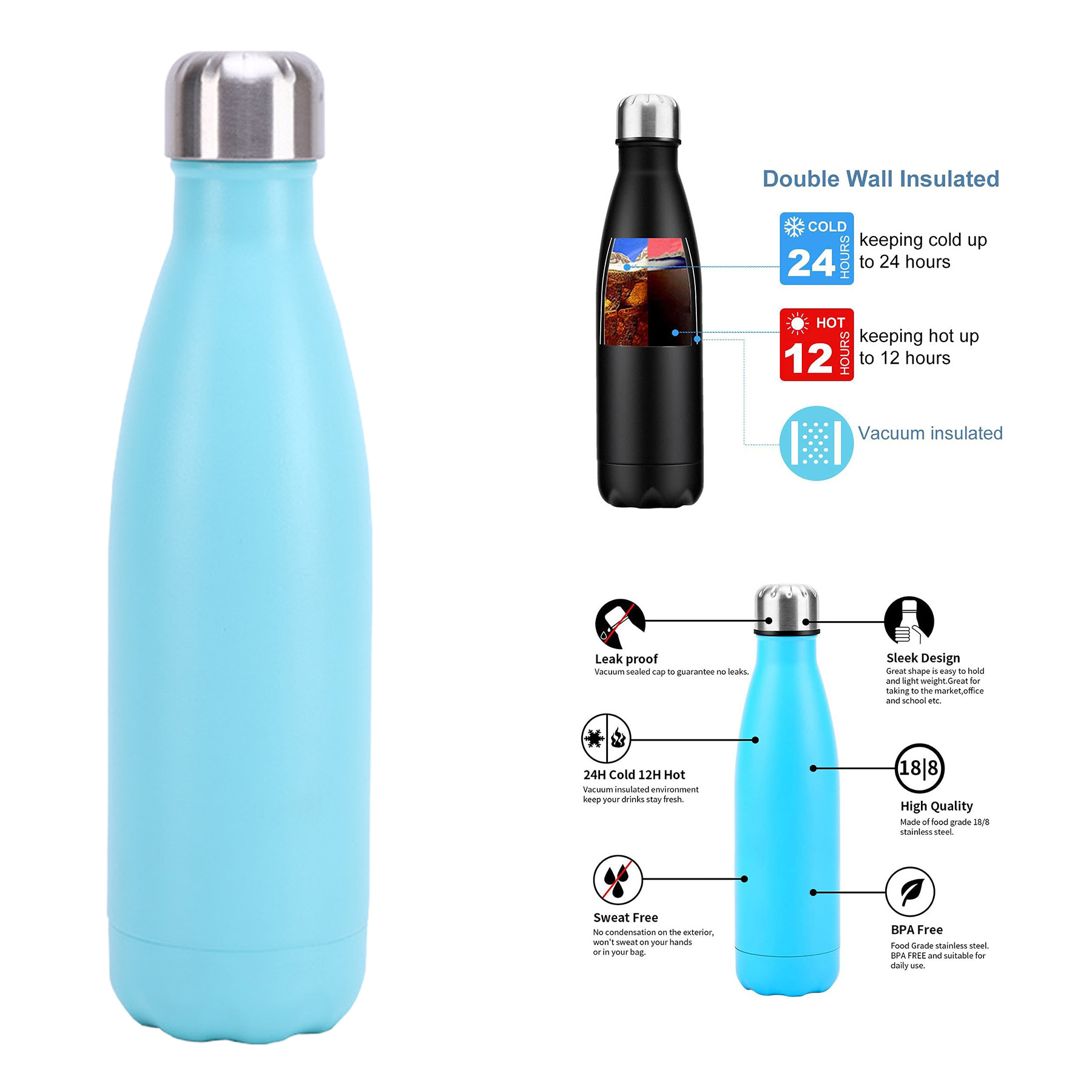 500ml Double Wall Thermal Vacuum Flask, custom water bottle with logo imprint 2