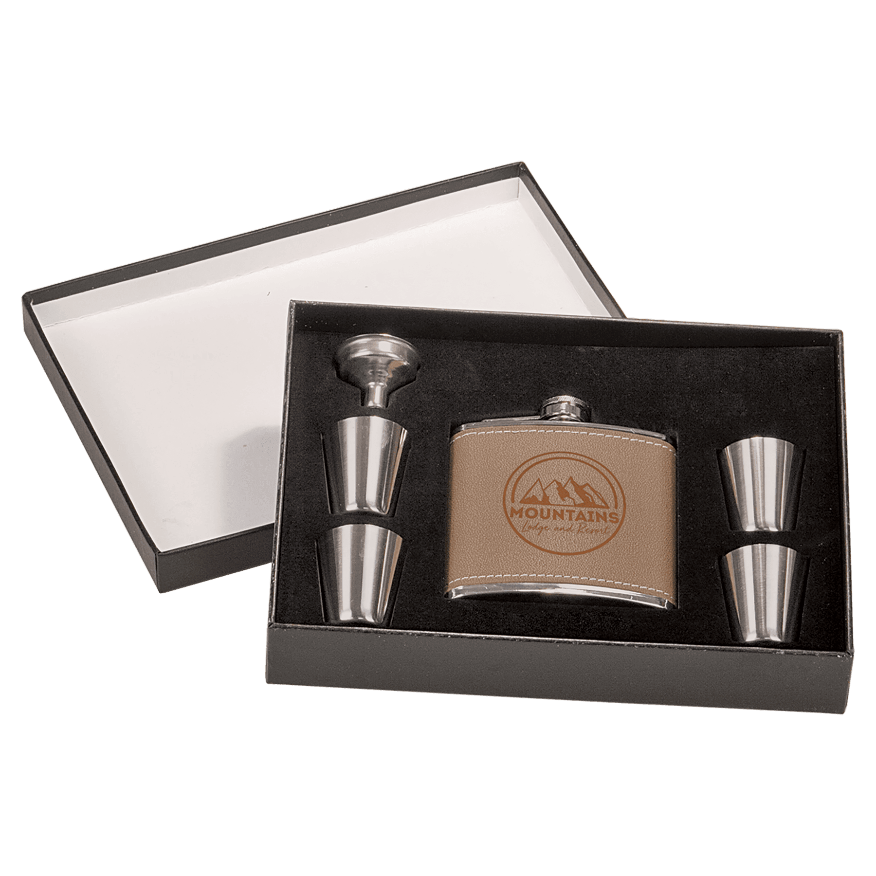 6 oz. Leather Flask Set in Black Presentation Box 1