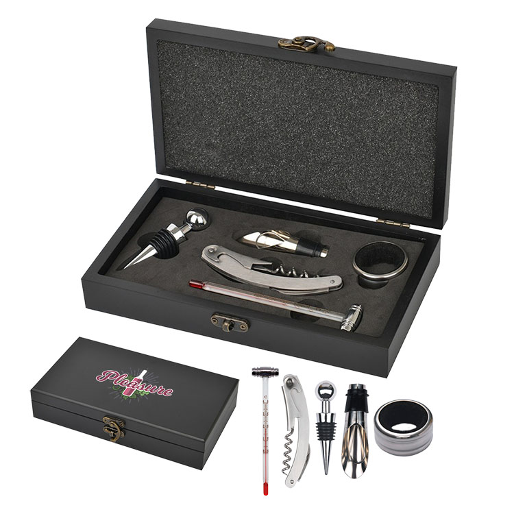 Low MOQ Five Piece Wine Opener Set w/Black Wood Case 2