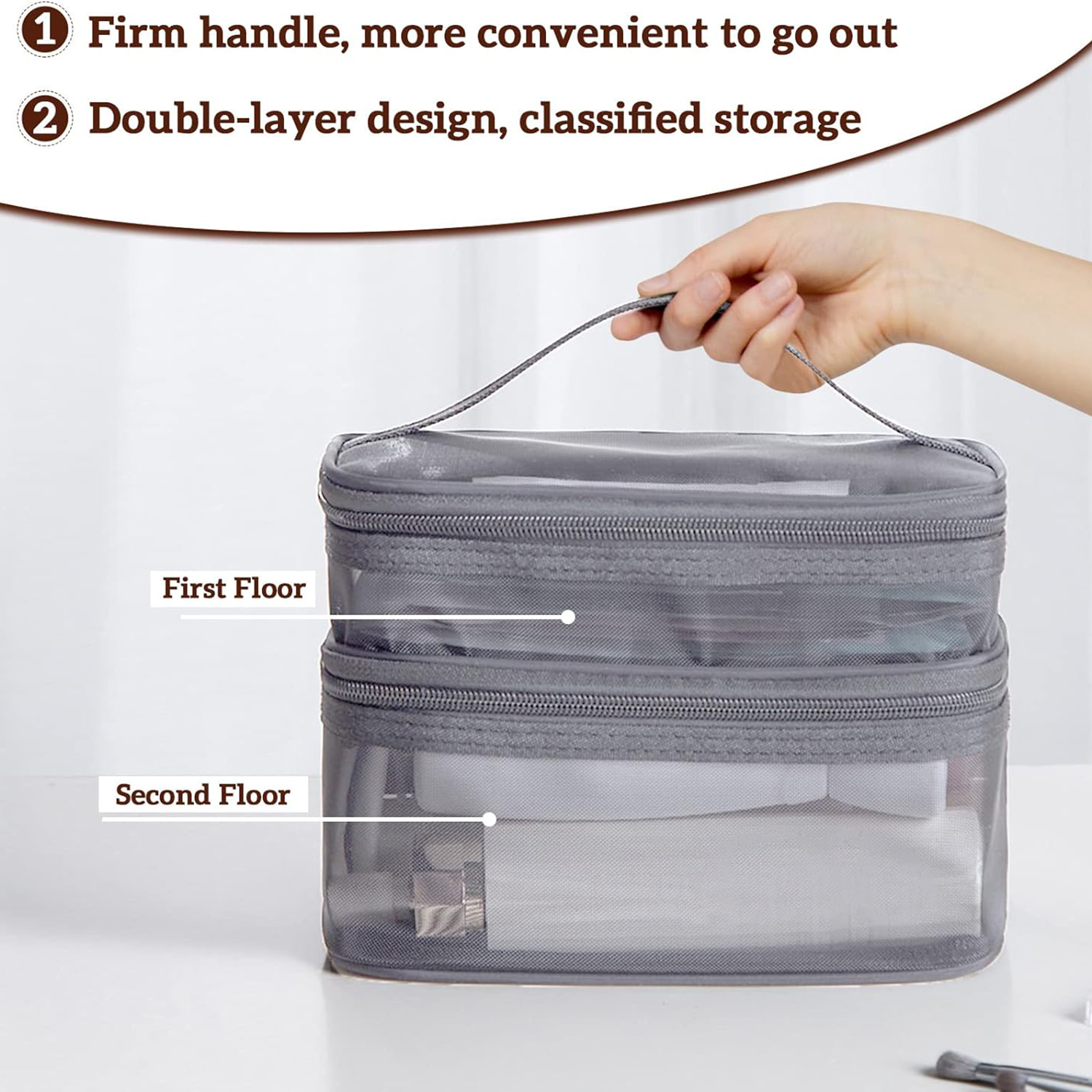 Large Capacity Portable Double Layer Mesh Cosmetics Bag 3