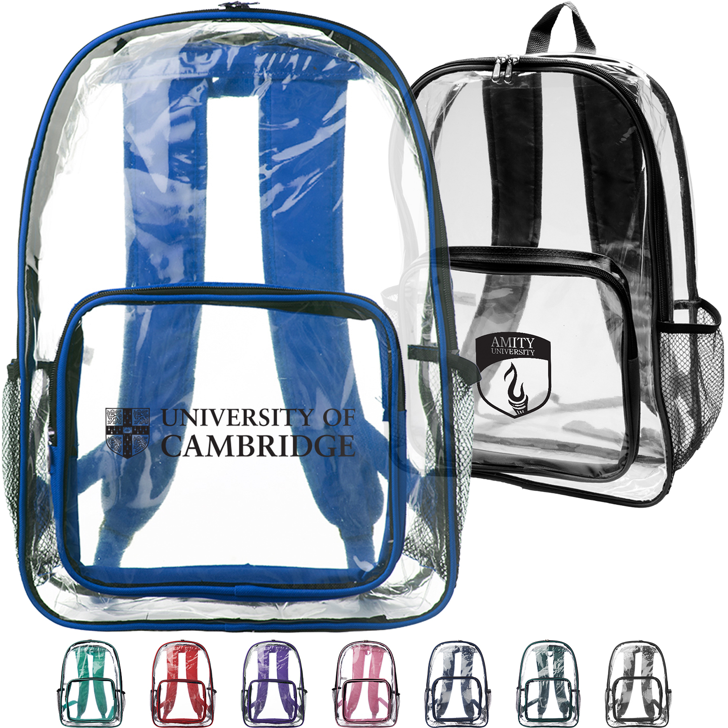 Clear Plastic Backpack w/ Mesh Pocket 13"W x 18"H 3