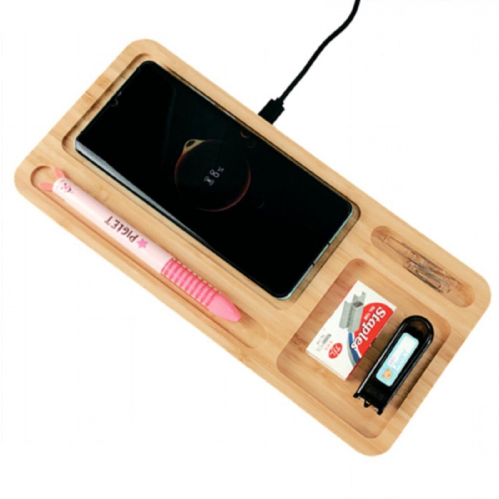 Bamboo Desk Organizer Wireless Charger 1
