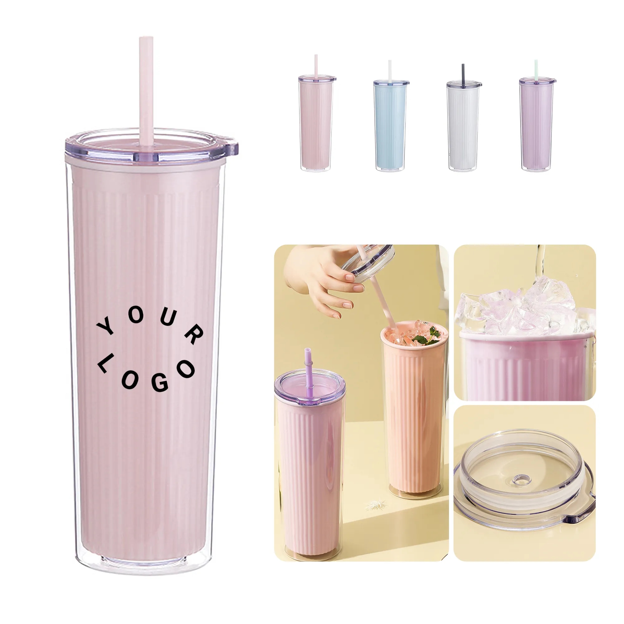 Reusable 20.3 oz Straw Cup with Striped Inner Design 4