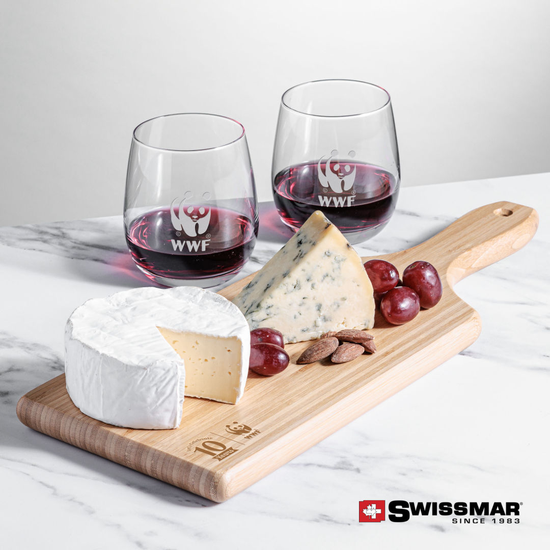 Swissmar® Bamboo Board & 2 Crestview Stemless Wine 4