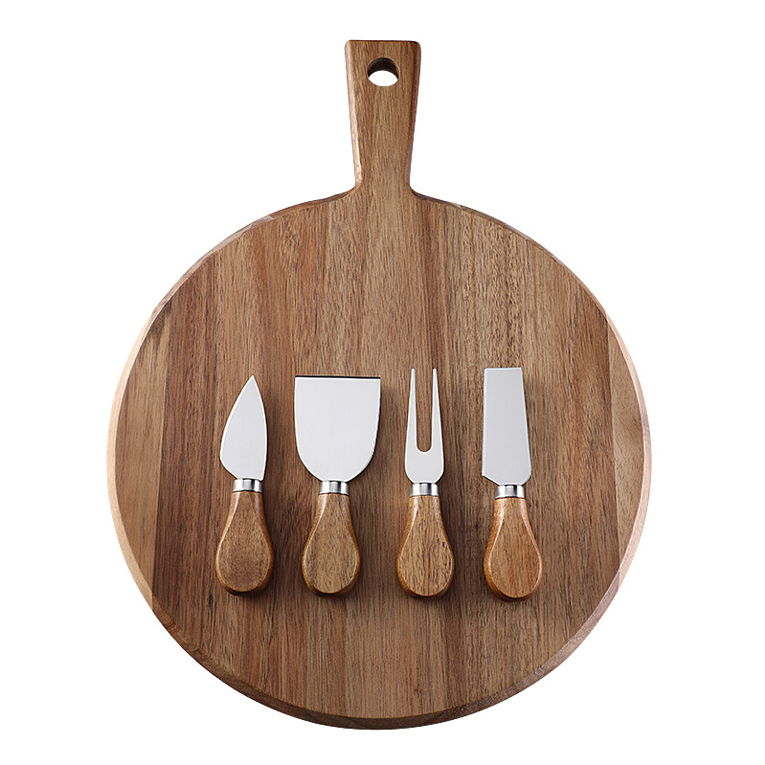 Wood Round Cheese Board Set W/ 4 Stainless Steel Knives 10