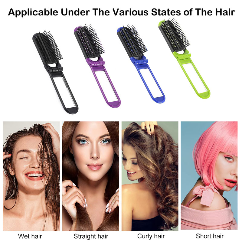 Portable Folding Hair Brush w/Mirror Compact Pocket Hair Comb 4