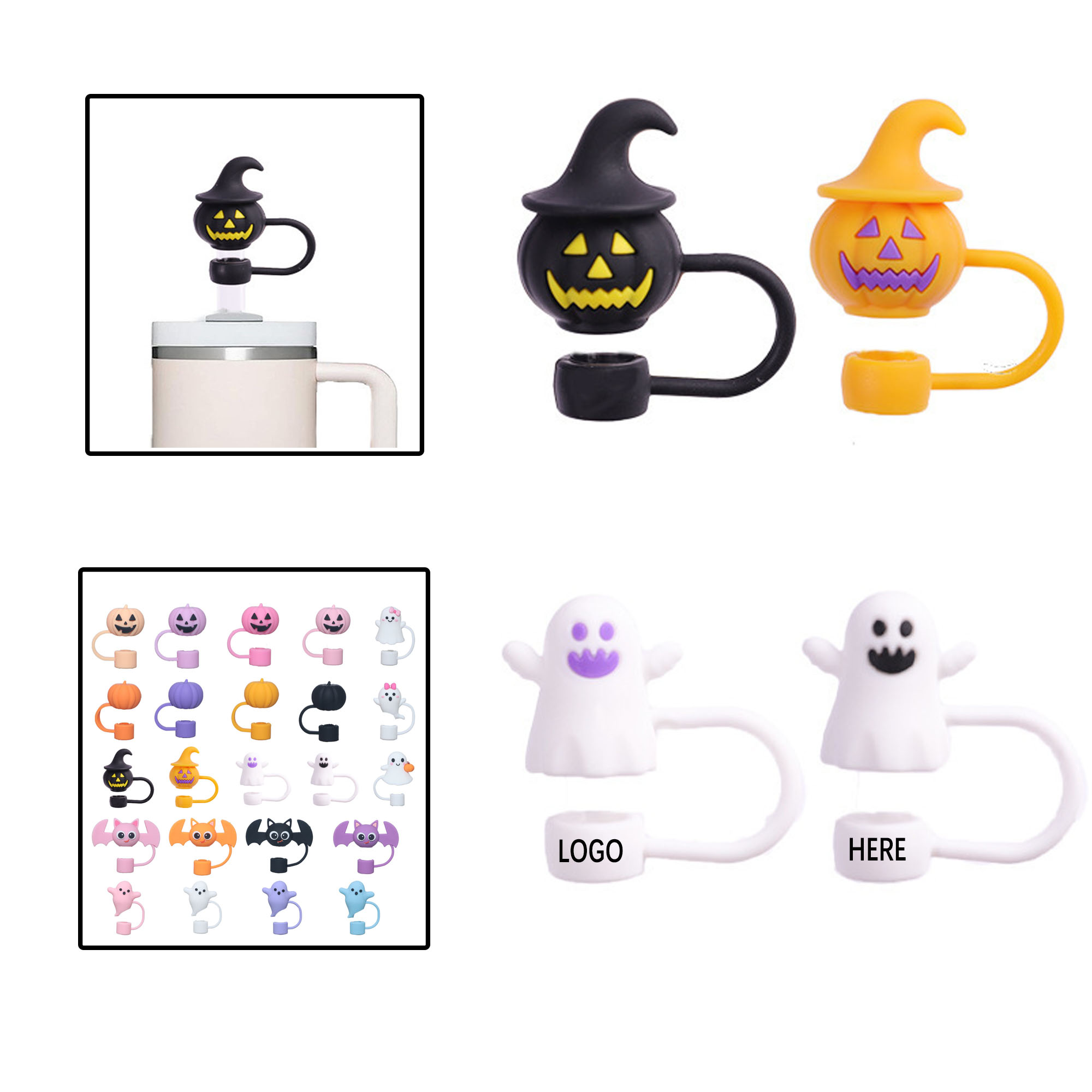 3D PVC Straw Topper Halloween Pumpkin Bat Ghost 3