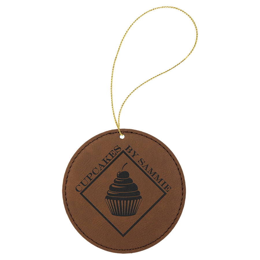 Dark Brown Leatherette Round Ornament with Gold String 2