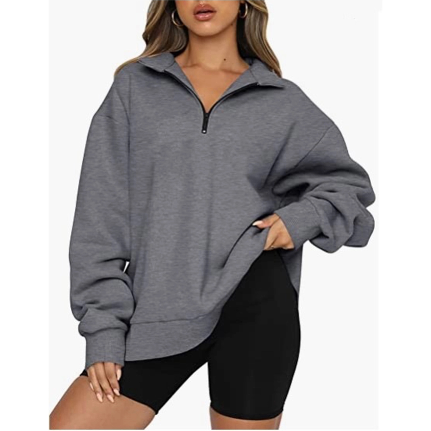 Womens Oversized Half Zip Pullover Long Sleeve Sweatshirt 15