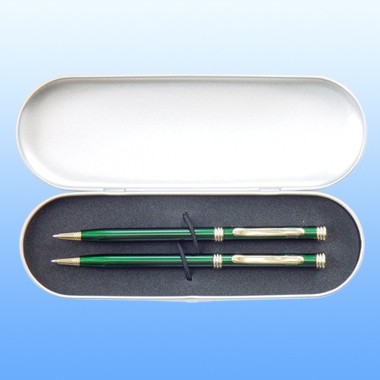 DOUBLE GREEN PENS IN A METAL BOX 2