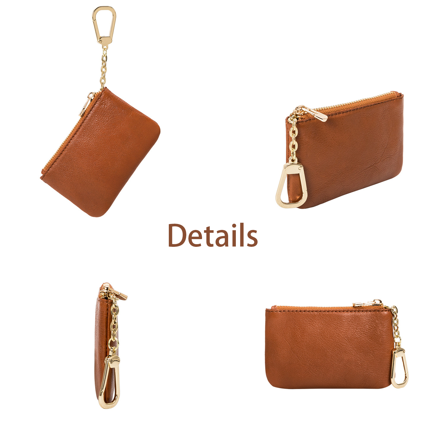 Square Zipper Genuine Leather Coin Purse w/ Keychain 7