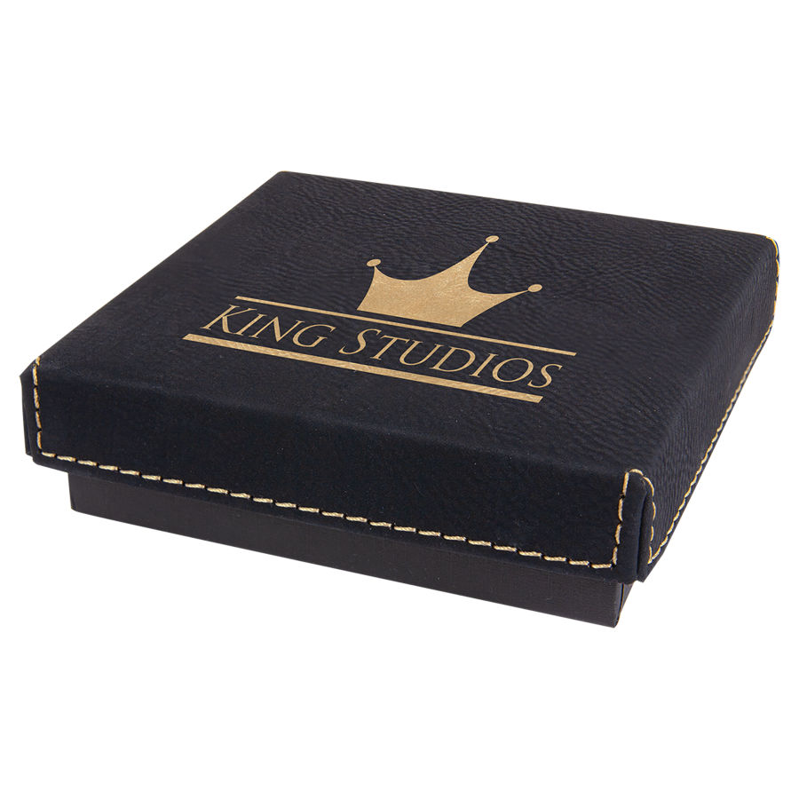 4" x 4" Black/Gold Medal Box with Leatherette Lid 2