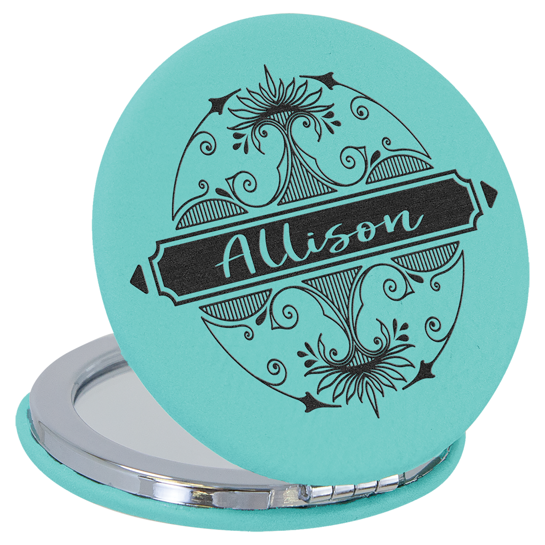 2 1/2" Teal Leatherette Compact Mirror 1