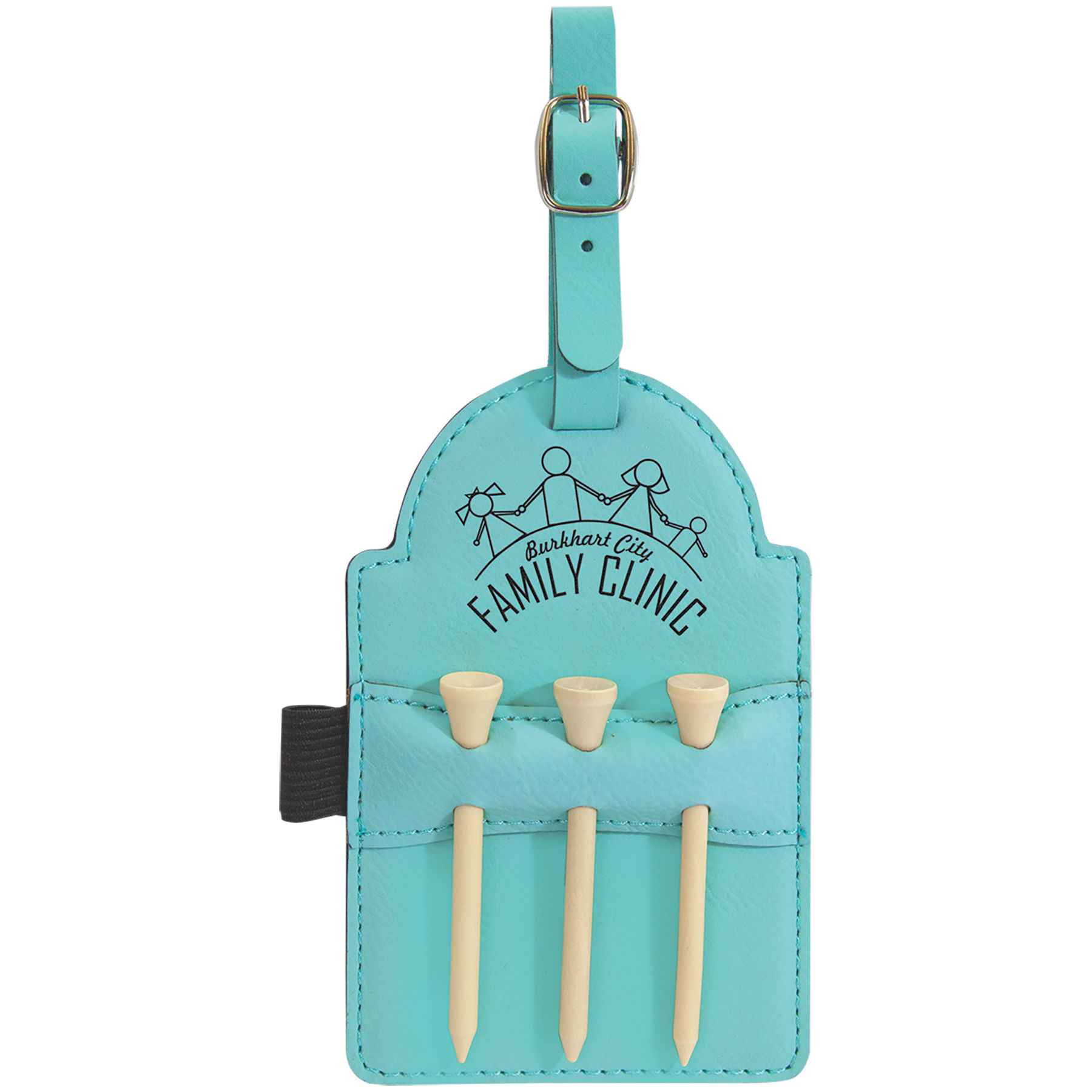 5" x 3 1/4" Teal Leatherette Golf Bag Tag with 3 Wooden Tees 2