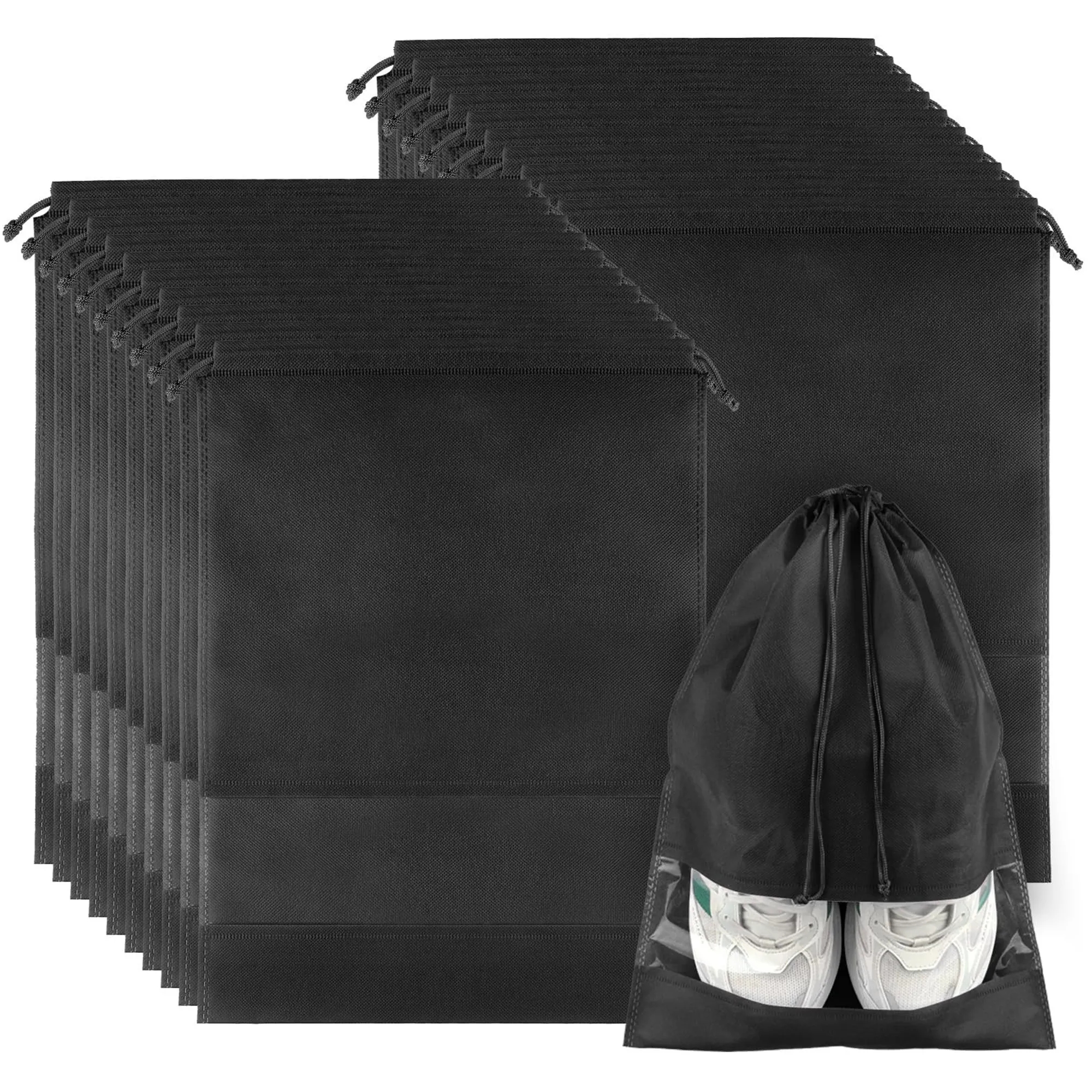 Non Woven Travel Shoe Bag Clear Window Drawstring Storage 3