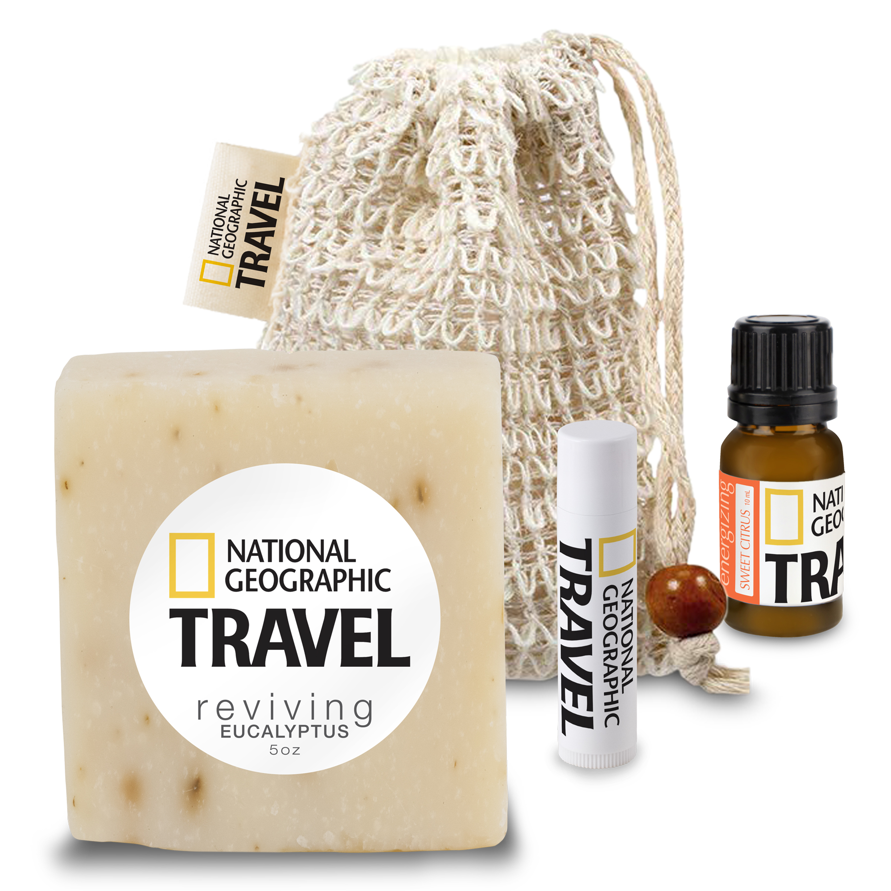 Loofah Bag with Soap, Lip Balm, and Essential Oil 1