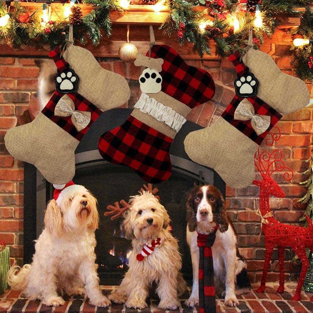 Pet Dog Christmas Stockings, Burlap Plaid Large Bone Shape Pets Stockings 3