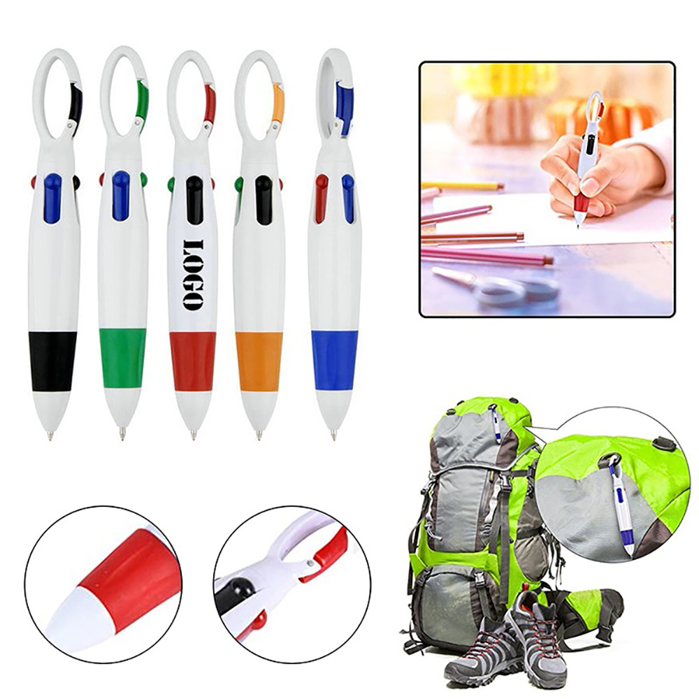 Retractable Four-Color Shuttle Pens With Carabiner Clip