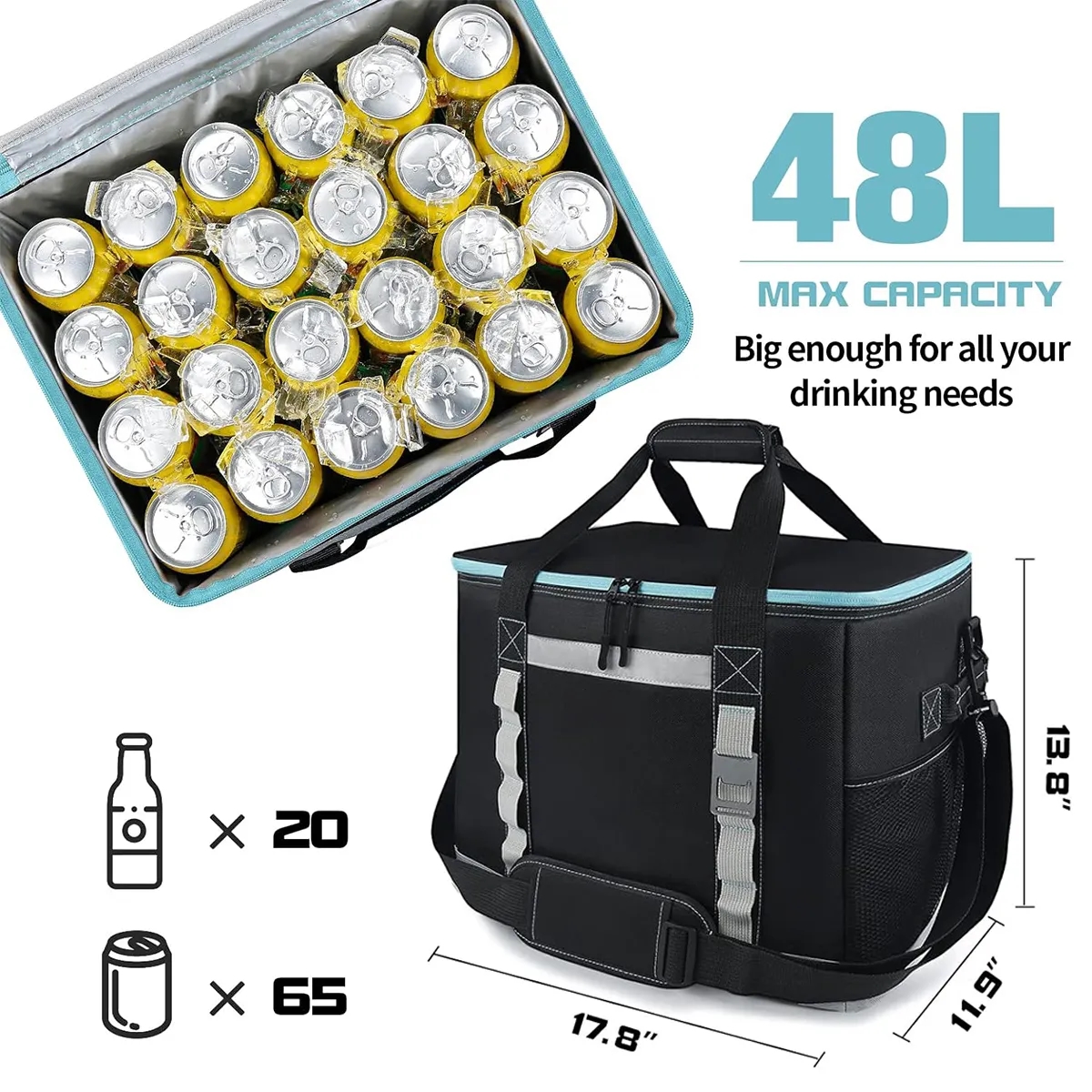 48L Large Soft Sided 65 Cooler Can Insulated Bag with Strap 5