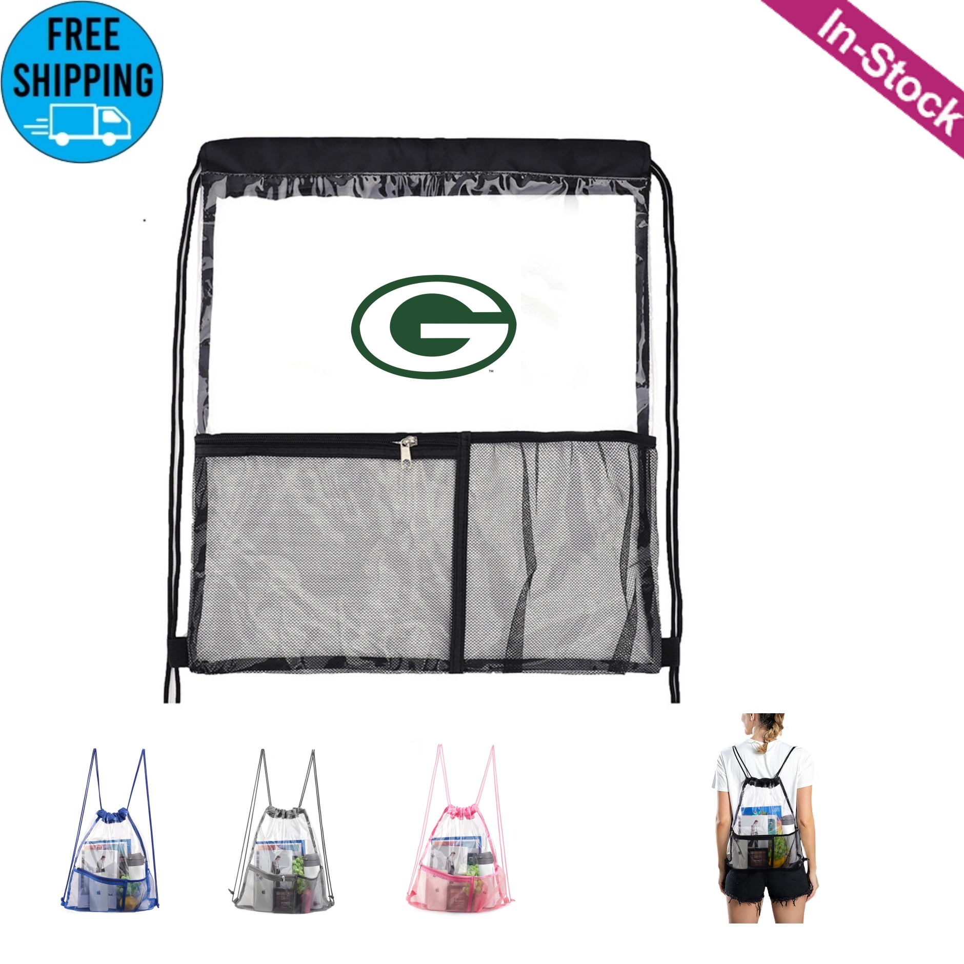 Clear PVC Drawstring Backpack Bag with Front Zipper Mesh Pocket 5