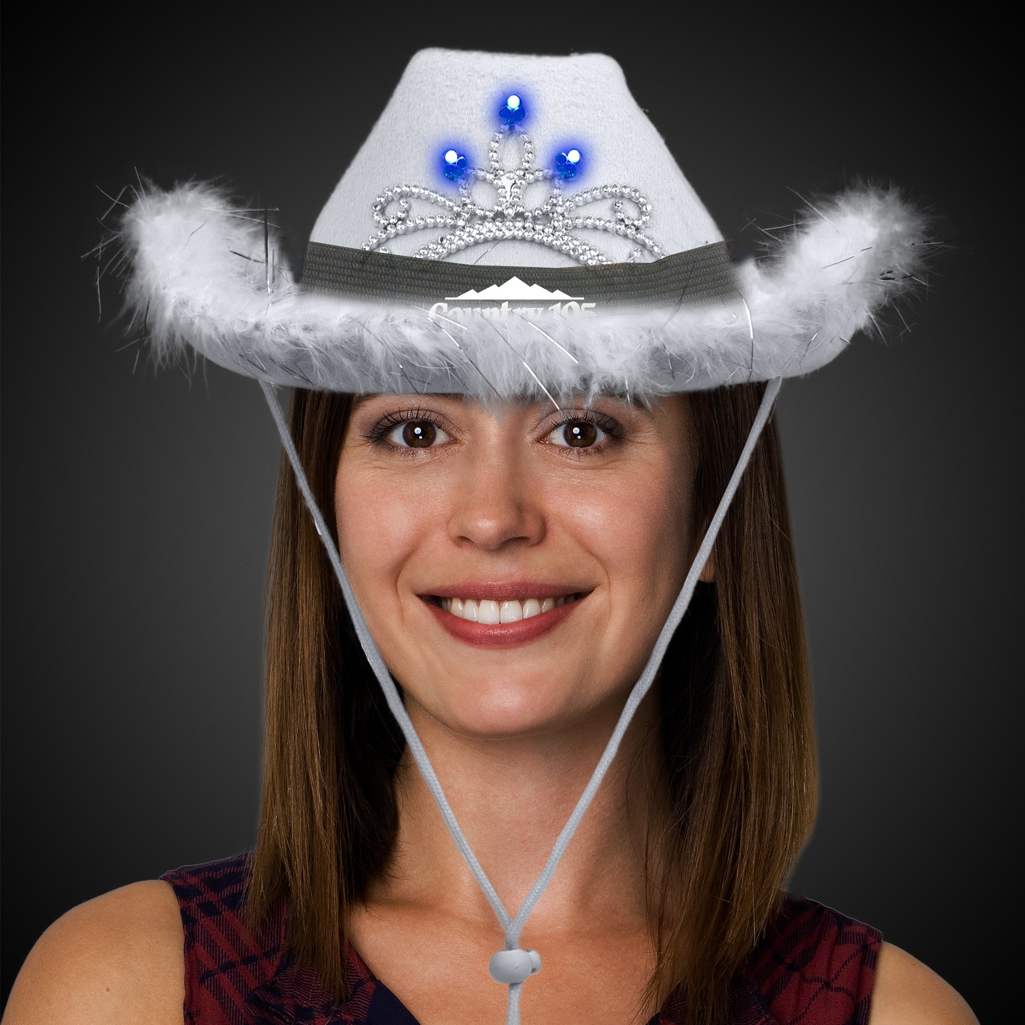 White Light Up Cowboy Hat w/ Tiara and Feather(Black Imprinted Band) 4
