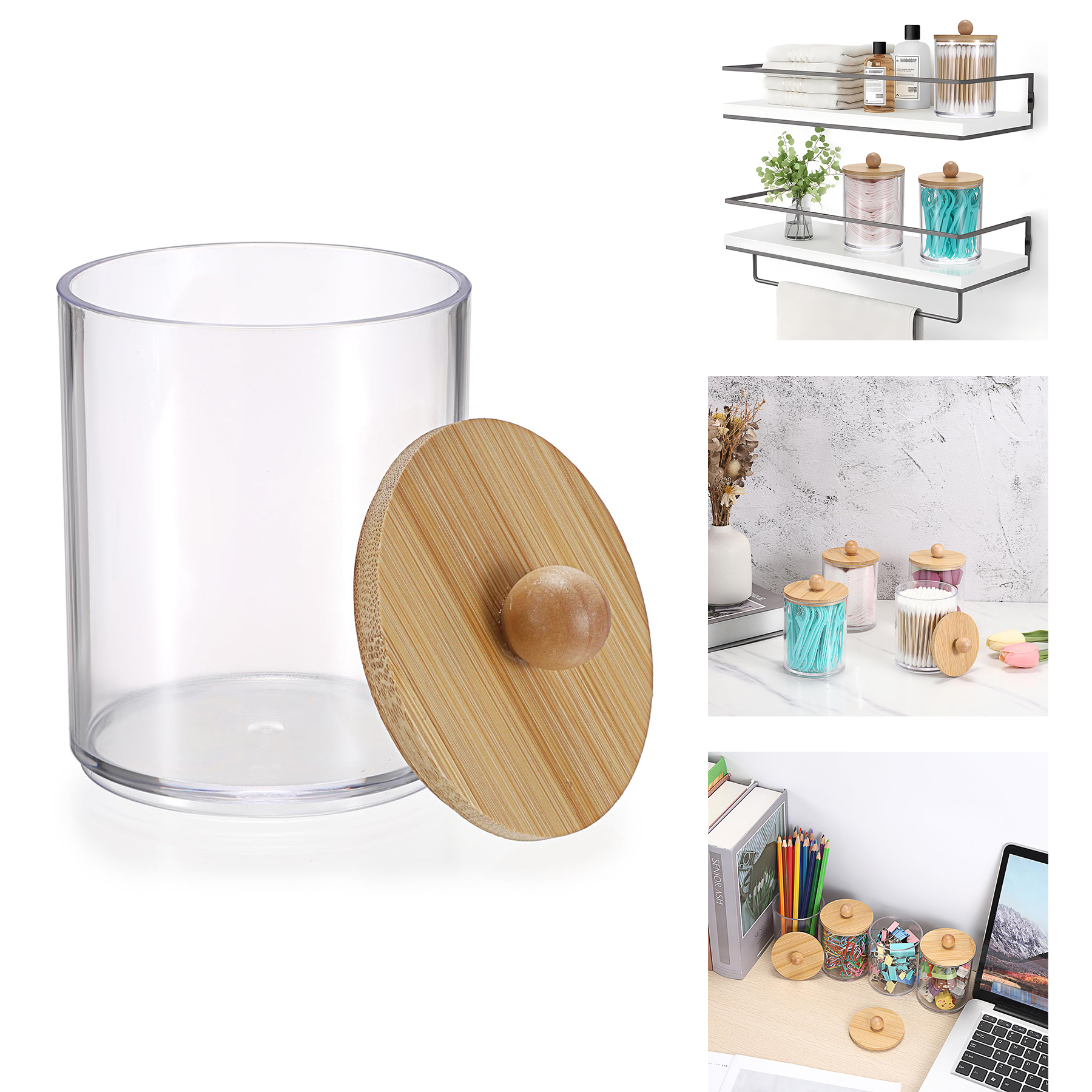 Qtip Holder Dispenser With Bamboo Lid