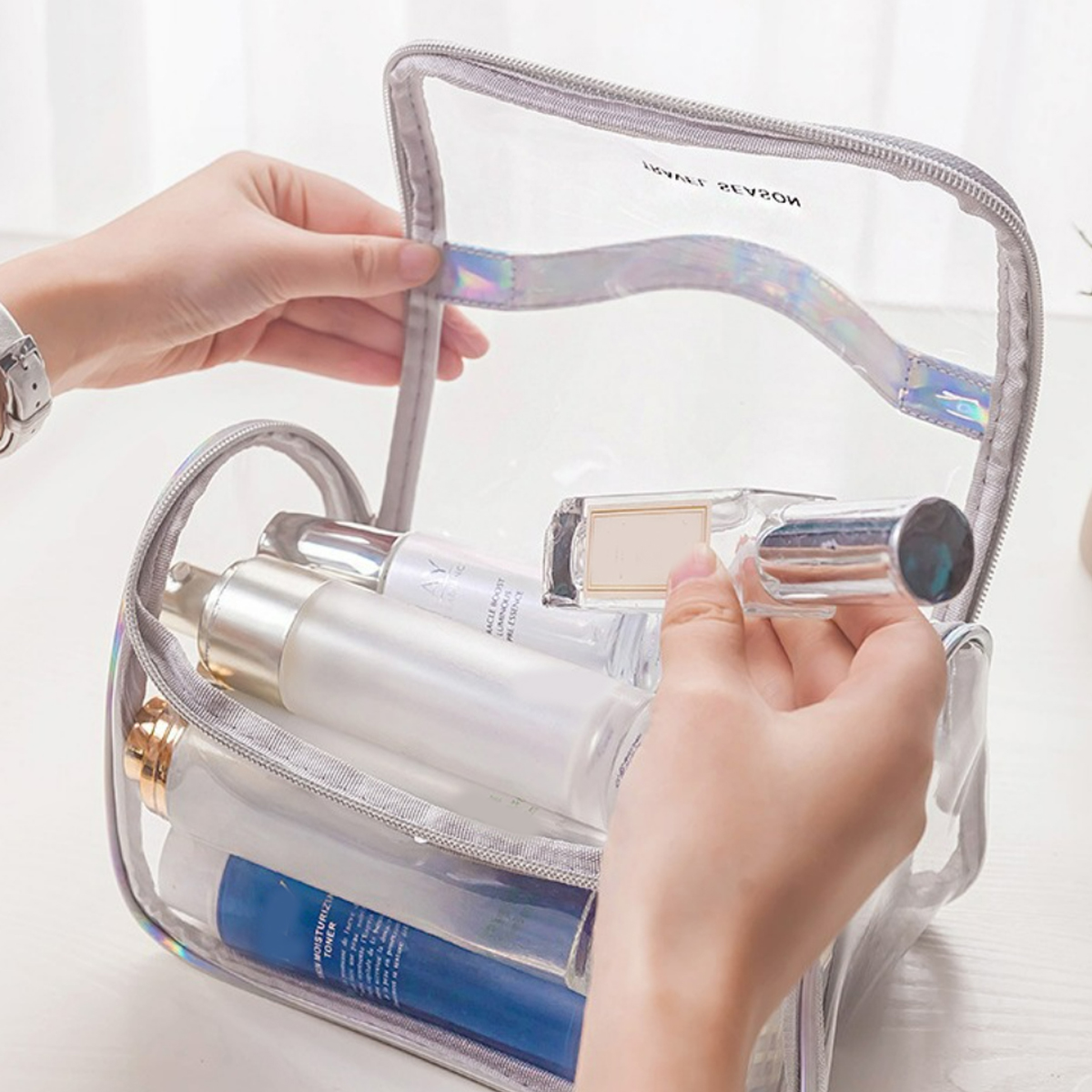 Clear PVC Toiletry Bag with Handle and Holographic Trim 1