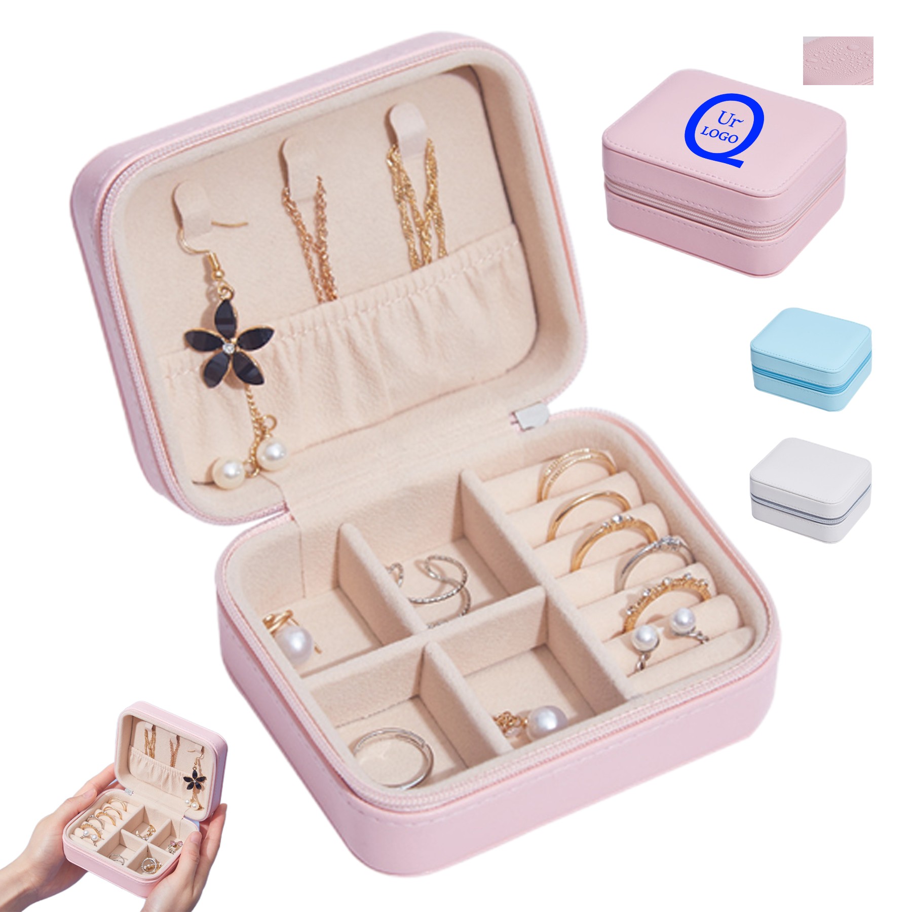 Pu Leather Small Rectangle Jewelry Case W/ Multi-Compartment