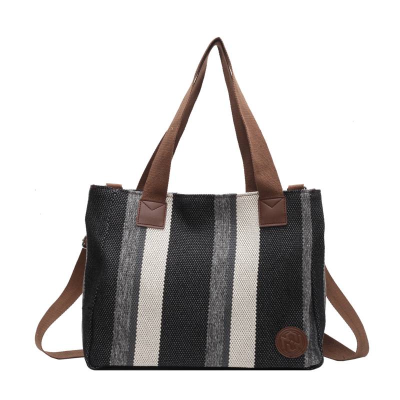 Striped Canvas Tote Bag W/ Large Capacity 7