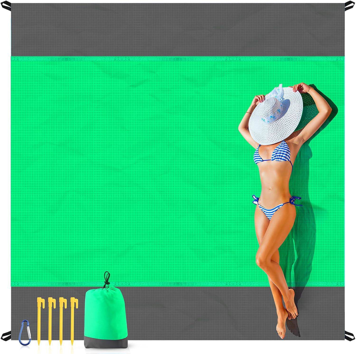 Foldable Waterproof Sandproof Beach Mat w/ 4 Stakes 4