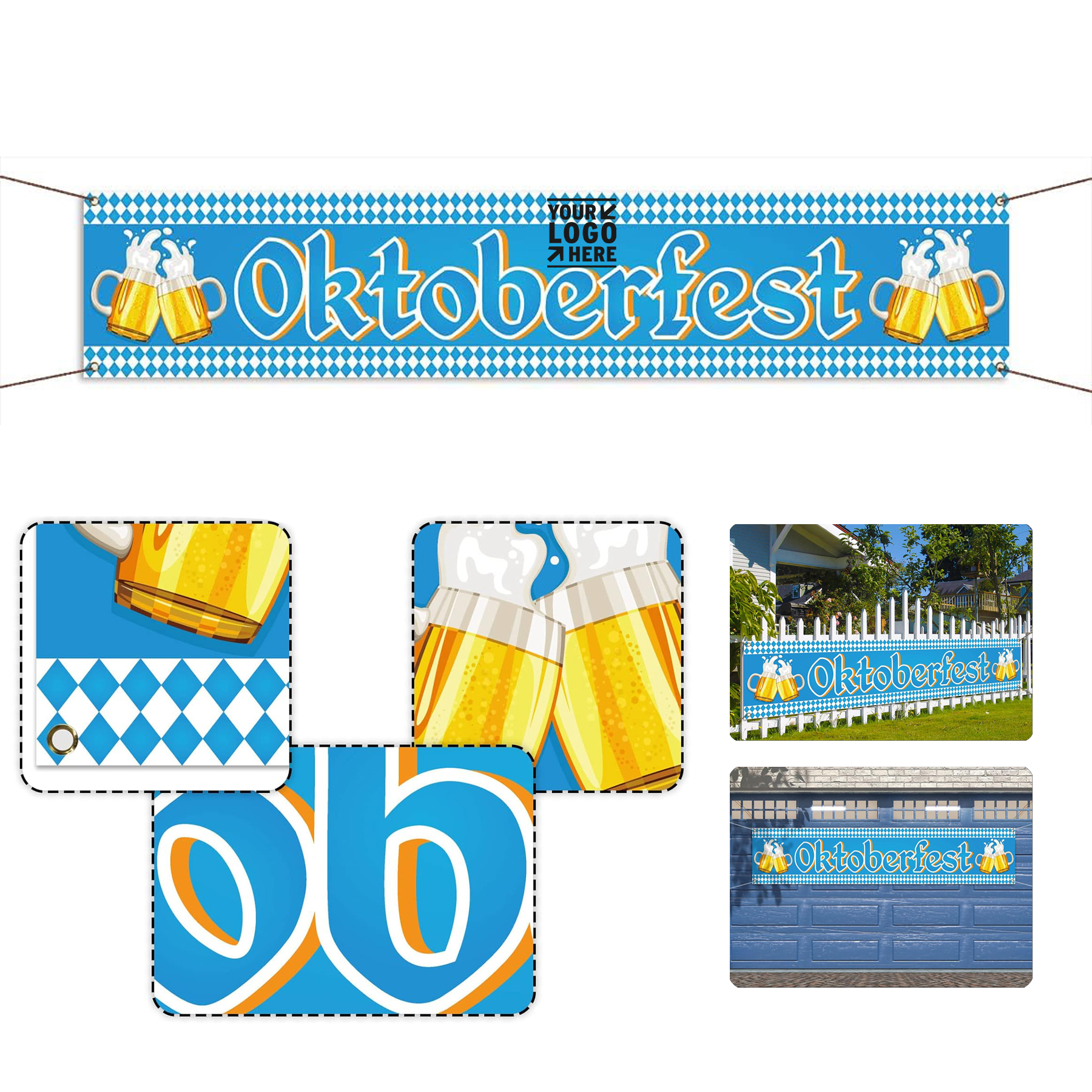 98.4"x19.2"German October Fest Themed Party Decoration Blue Bavarian Flag Oktoberfest Fence Banner  