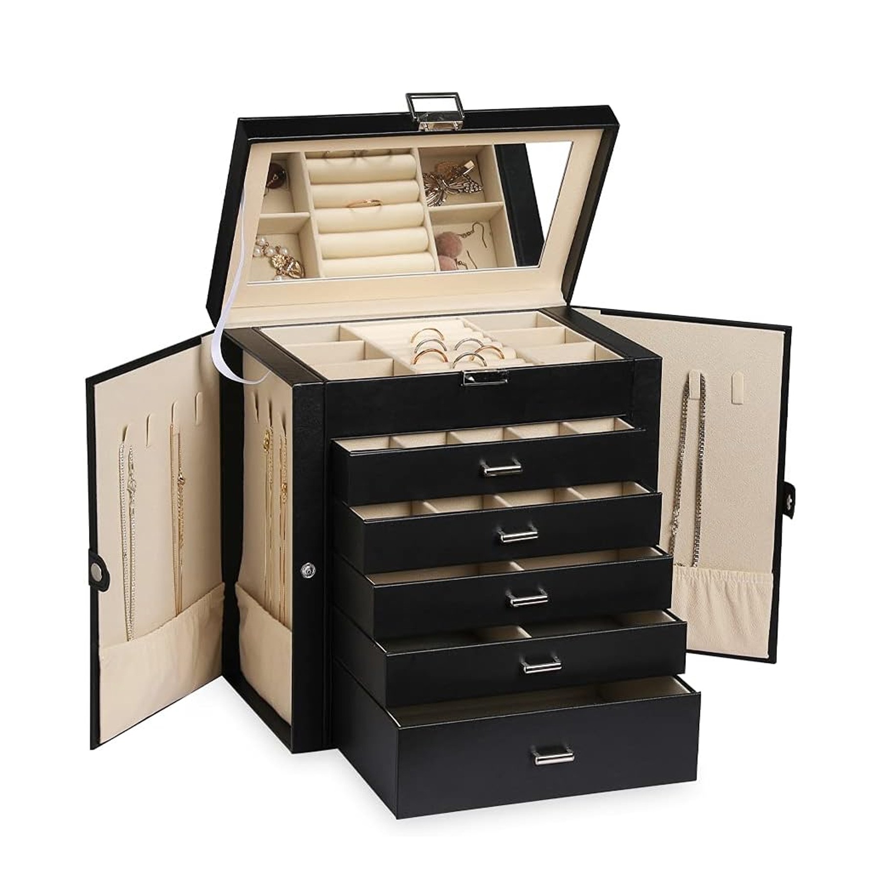 6 Tier PU Leather Jewelry Box with Lock 7