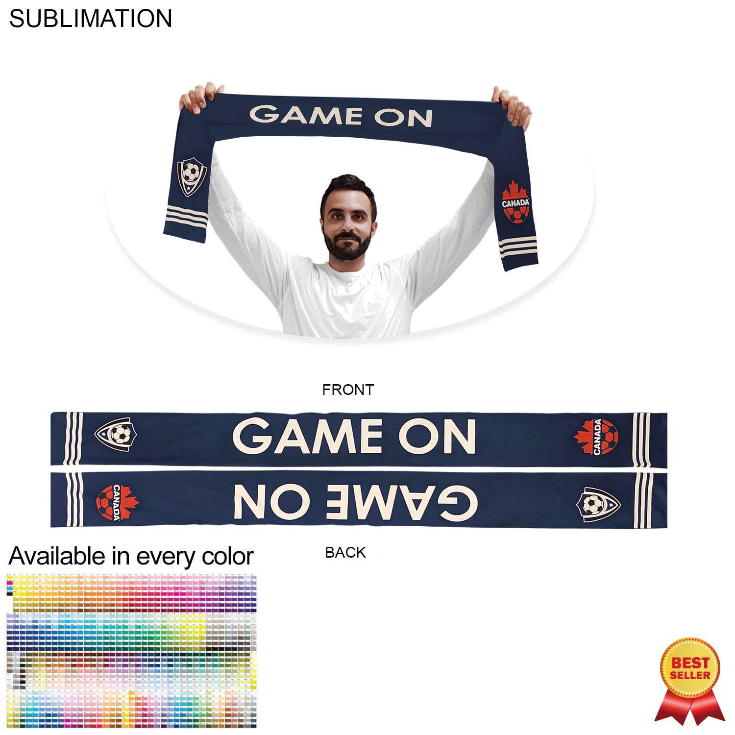 Sublimated Soccer Football Stadium Scarves, 6x60, Sublimated edge to edge 2 sides (Made in Canada) 7