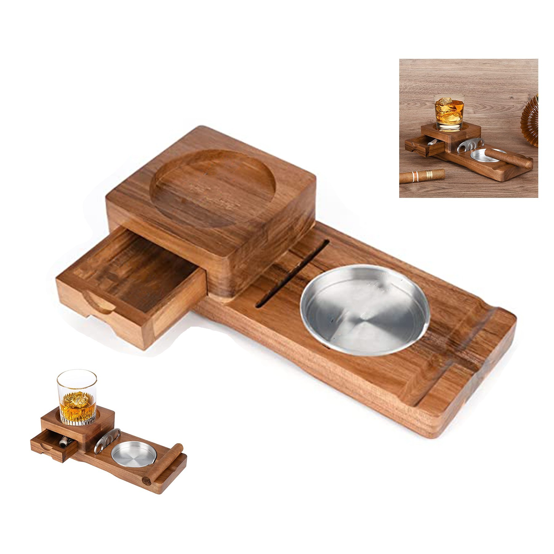 Cigar Ashtray Cup Wooden Ashtray Cigar Cutter Set 2