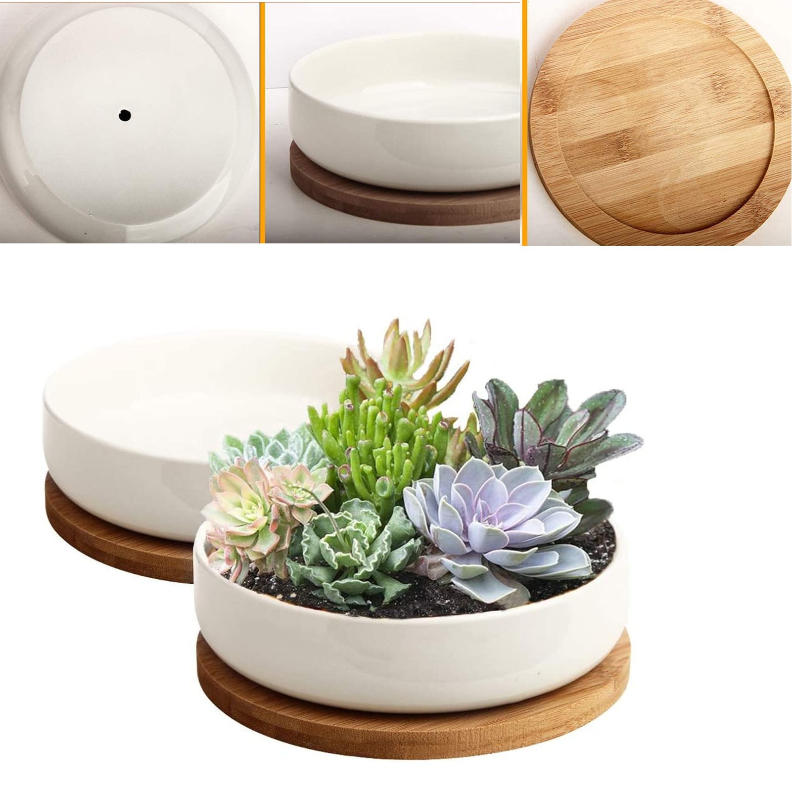 6 inch White Ceramic Flower Planter Pot with Bamboo Tray 2