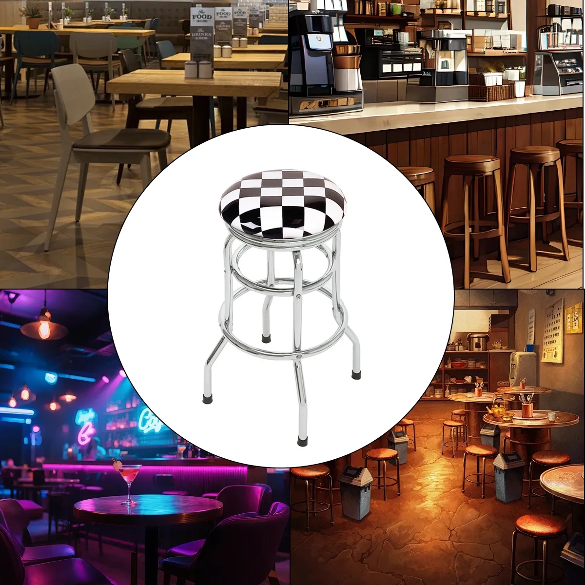 Checkerboard Padded Swivel Bar Stool Single Ring Chrome Base 6