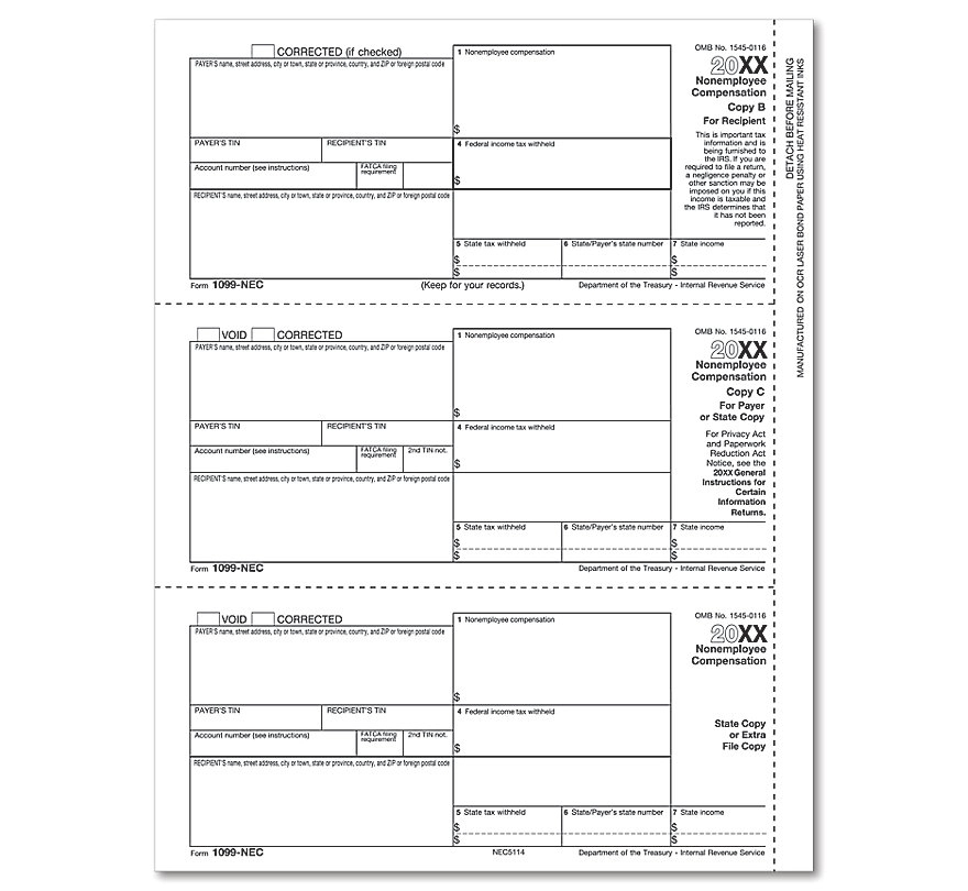 1099 NEC Recipient Copy B Payee & ST, Copy C & ST, 25 Sht/Pk 1