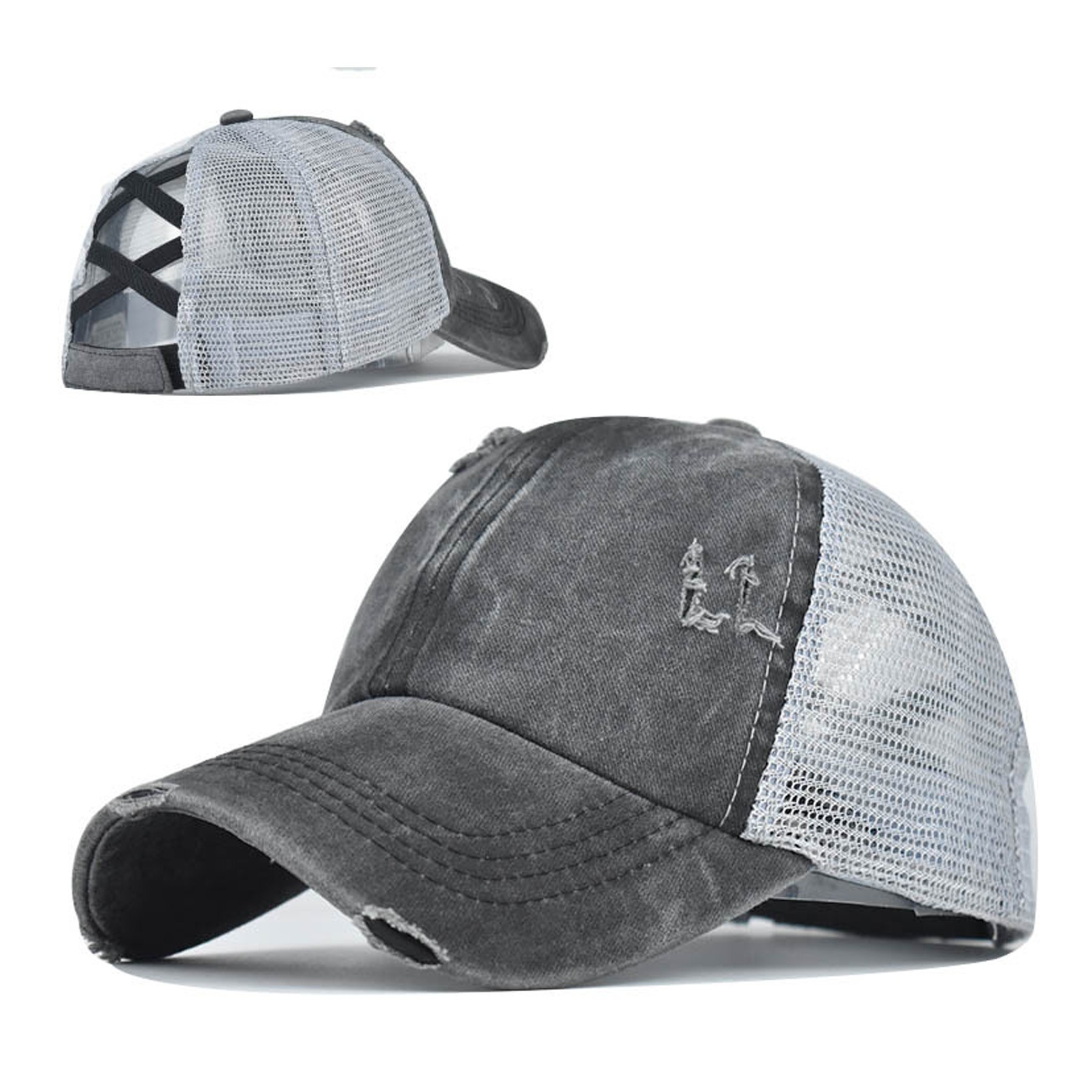 Washed Denim Criss Cross Ponytail Trucker Cap 12