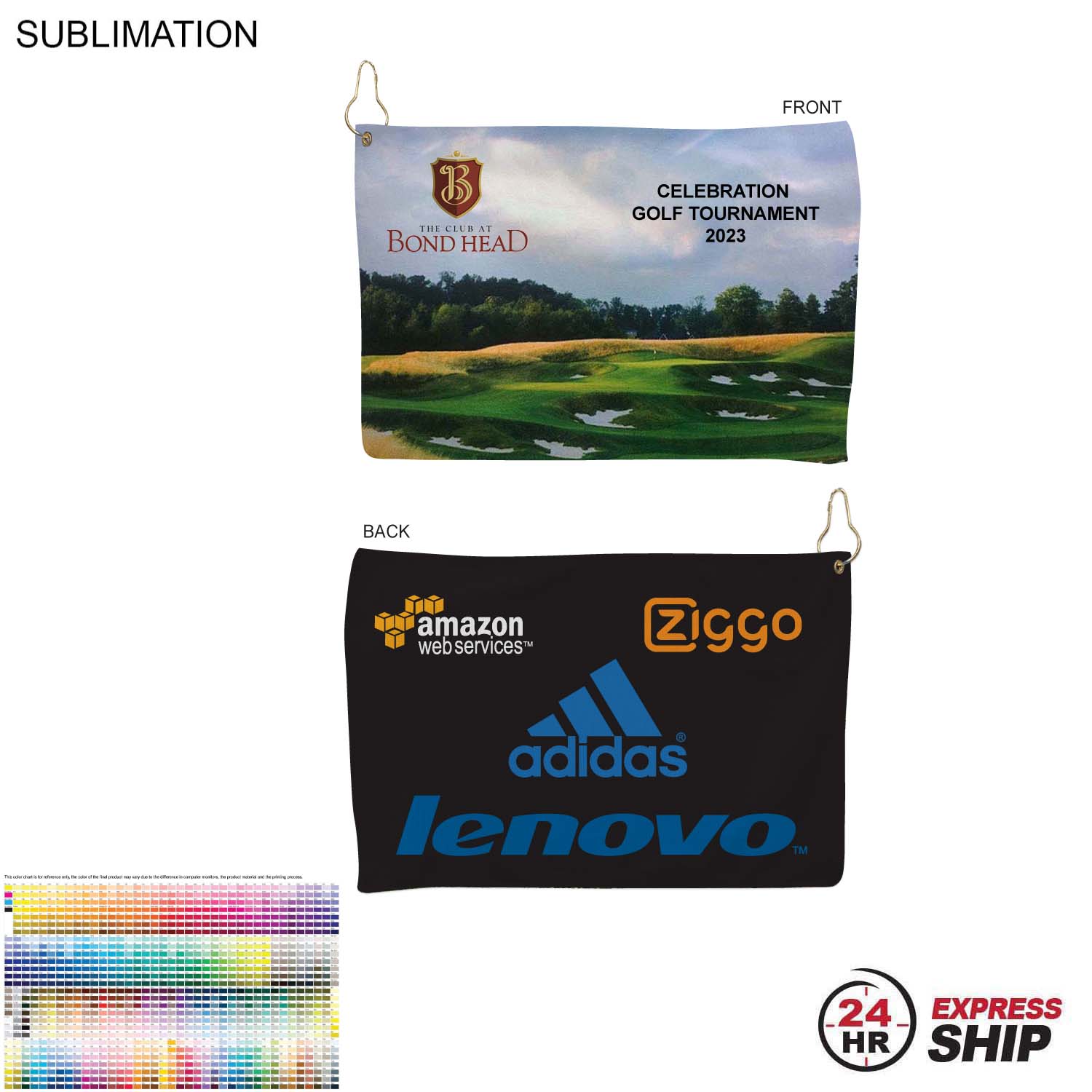 24 Hr Express Ship - Microfiber Suede Shammy Golf Towel, 12x18, Nofold Grommet and Hook, Sublimated 2