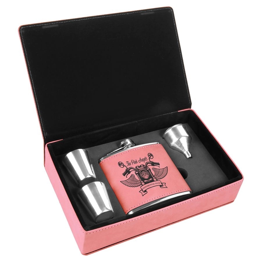 6 Oz. Light Brown Laserable Leatherette Flask Gift Set 2