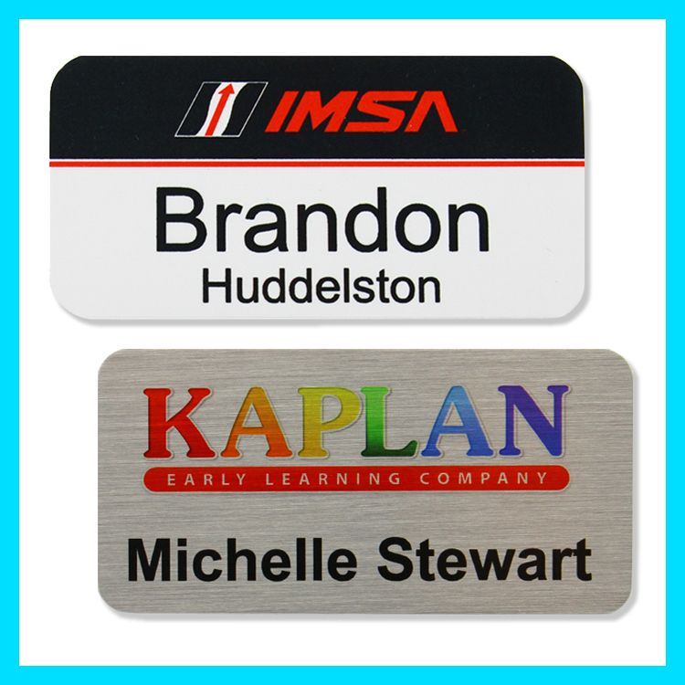 The Athena full color .040 metal name badge 1 1/2" x 3 6