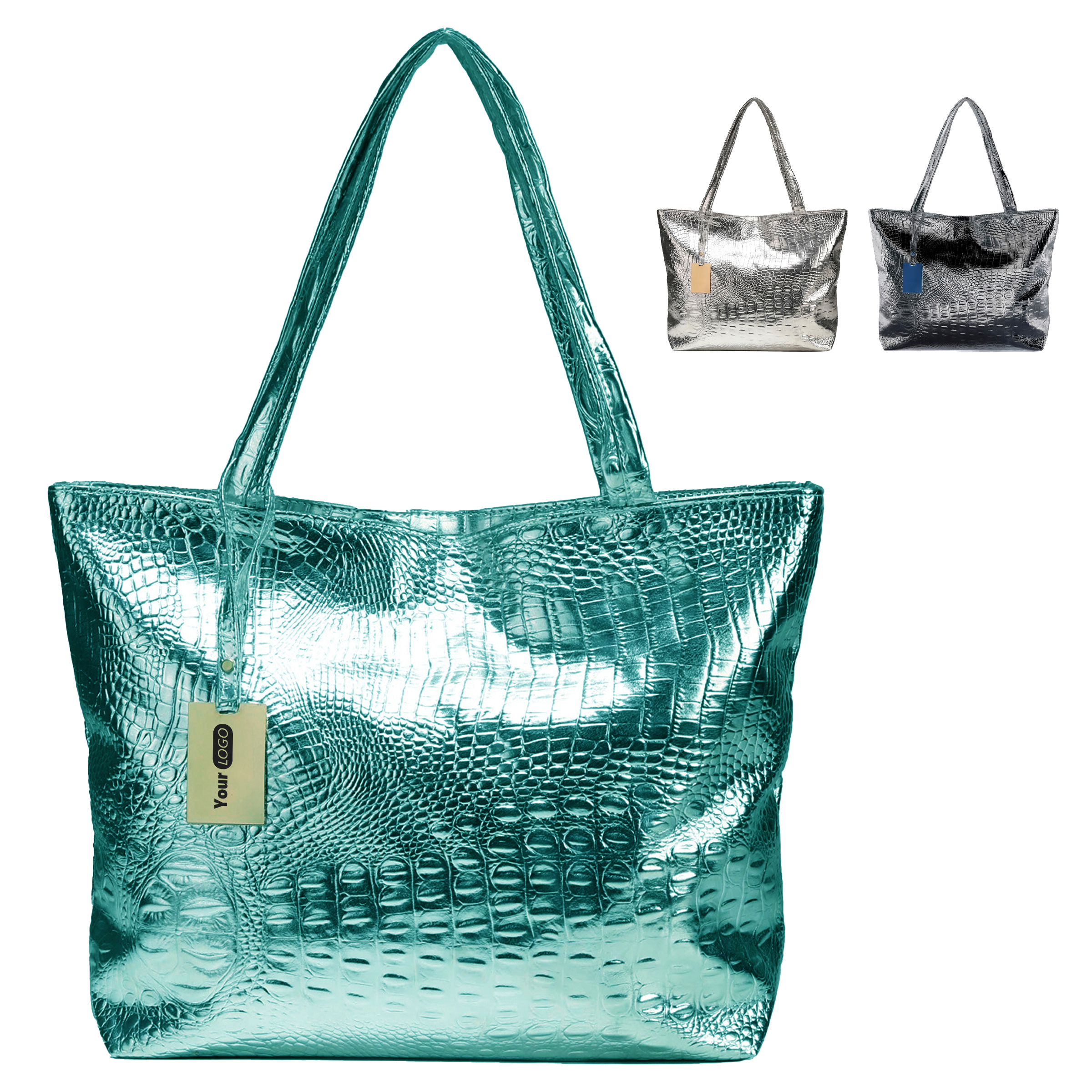 Pu Luxury Crocodile Pattern Tote In Shimmering Metallic Hues 4