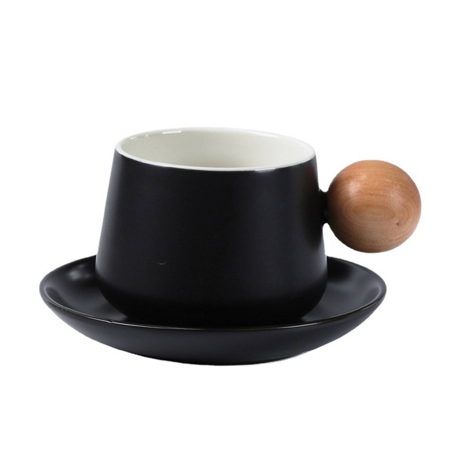 11oz Wooden Handle Ceramic Coffee Cup Saucer Gift Set 3