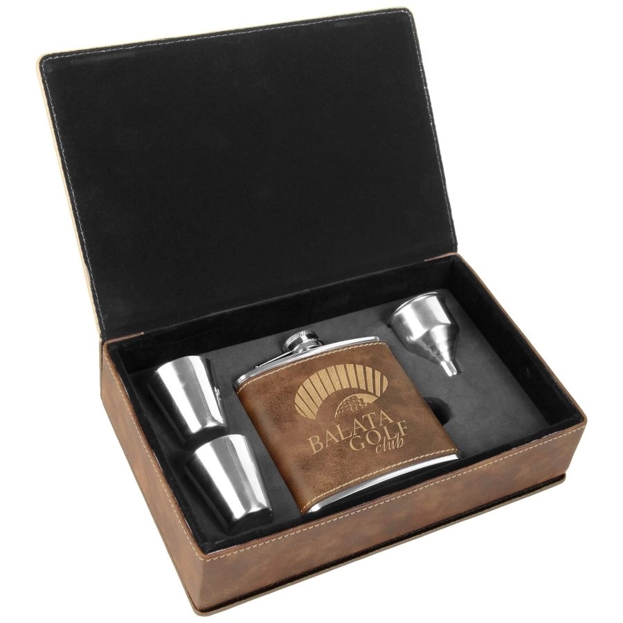 6 Oz. Light Brown Laserable Leatherette Flask Gift Set 4