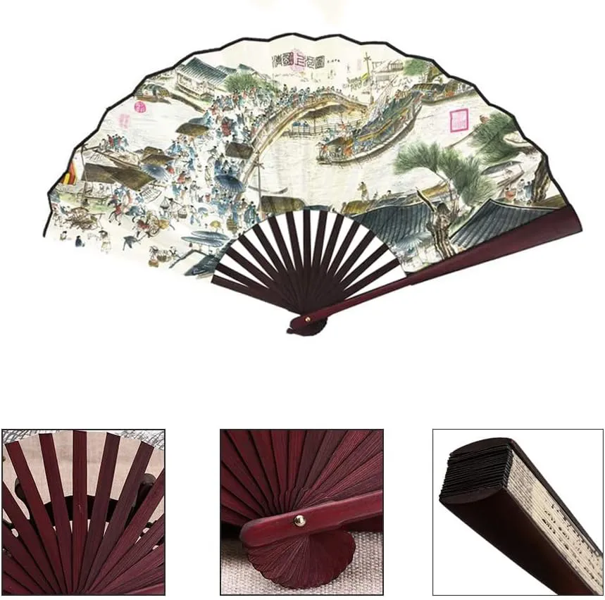 XL Traditional Bamboo Hand Fan - Premium Silky Fabric 3
