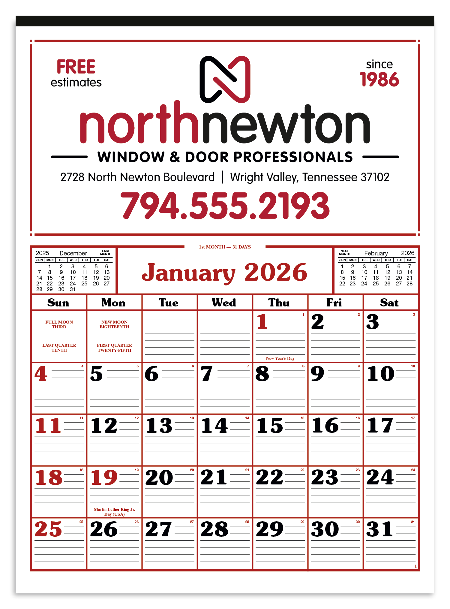 Skinner & Kennedy® Commercial 12-Sheet Calendar 18