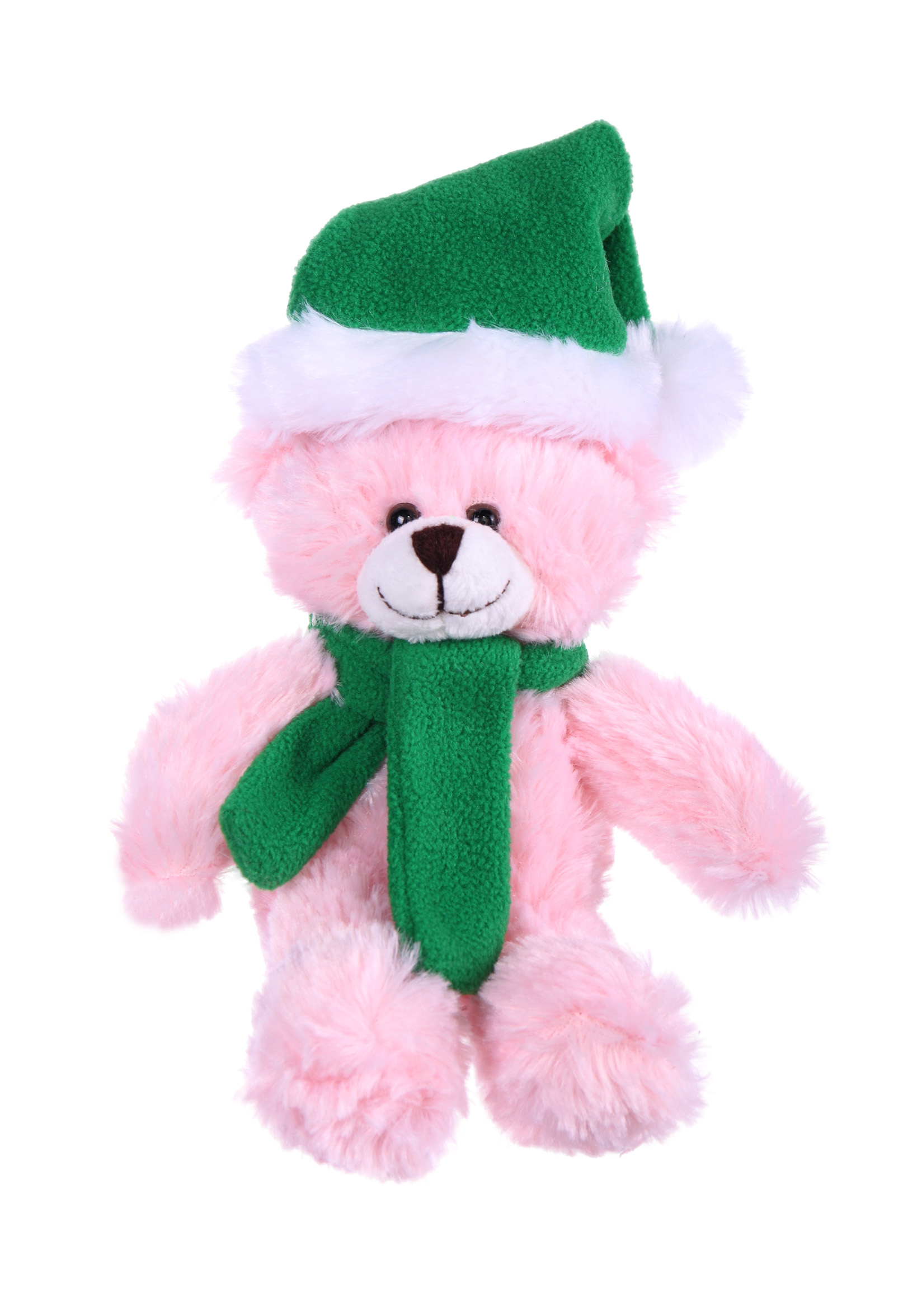 Soft Plush Stuffed Pink Bear with Christmas Hat and Scarf