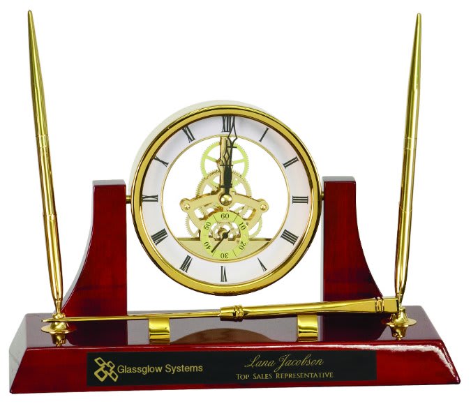 10 1/2" x 6" Executive Gold/Rosewood Piano Finish Clock w/2 Pens/Letter Opener 1