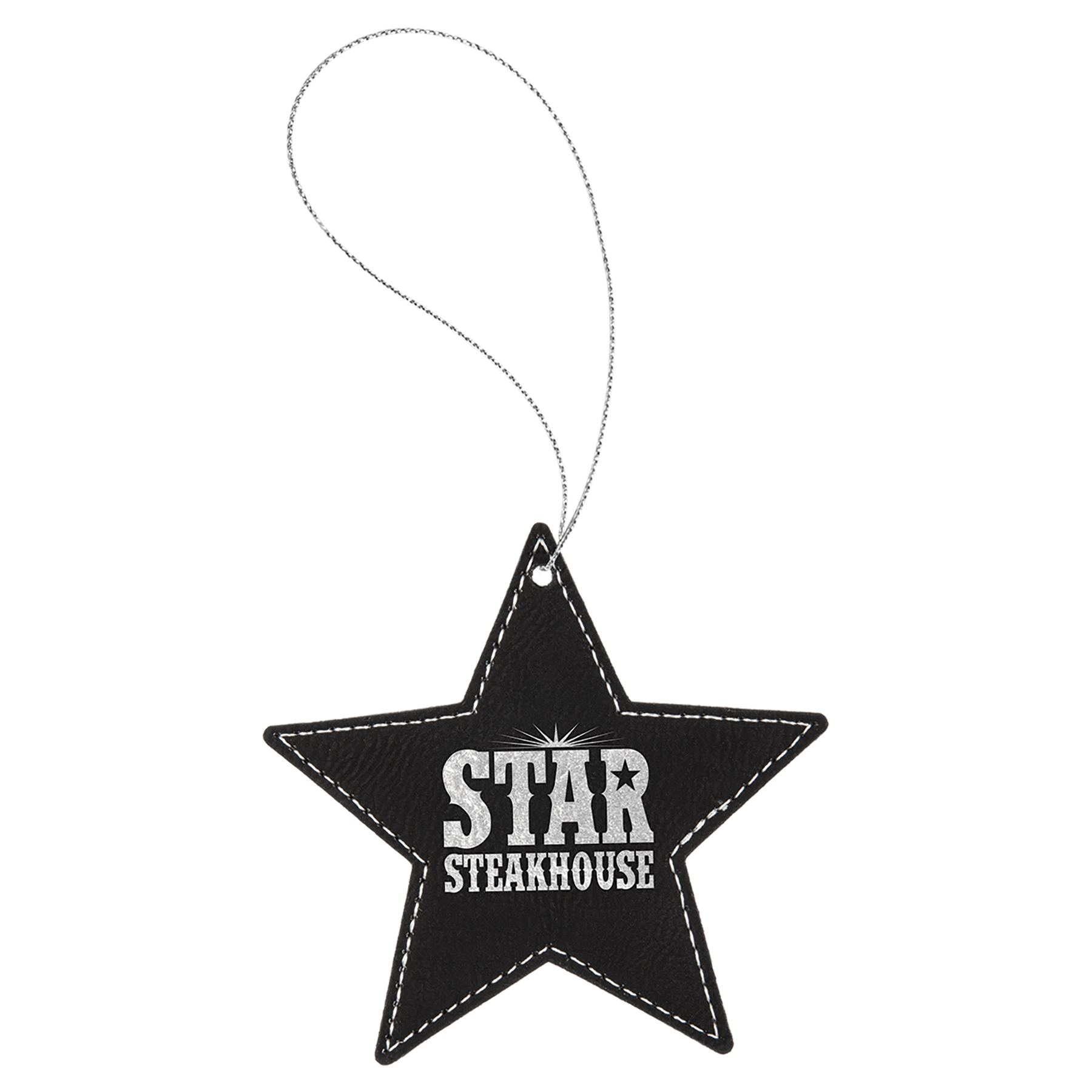 Black & Silver Laserable Leatherette Star Ornament w/Silver String 2